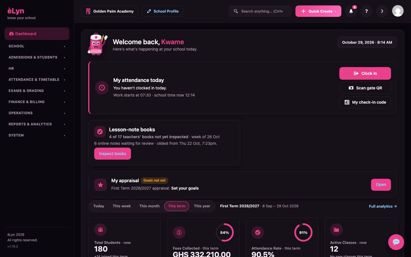 èLyn school dashboard showing students, fees collected and attendance