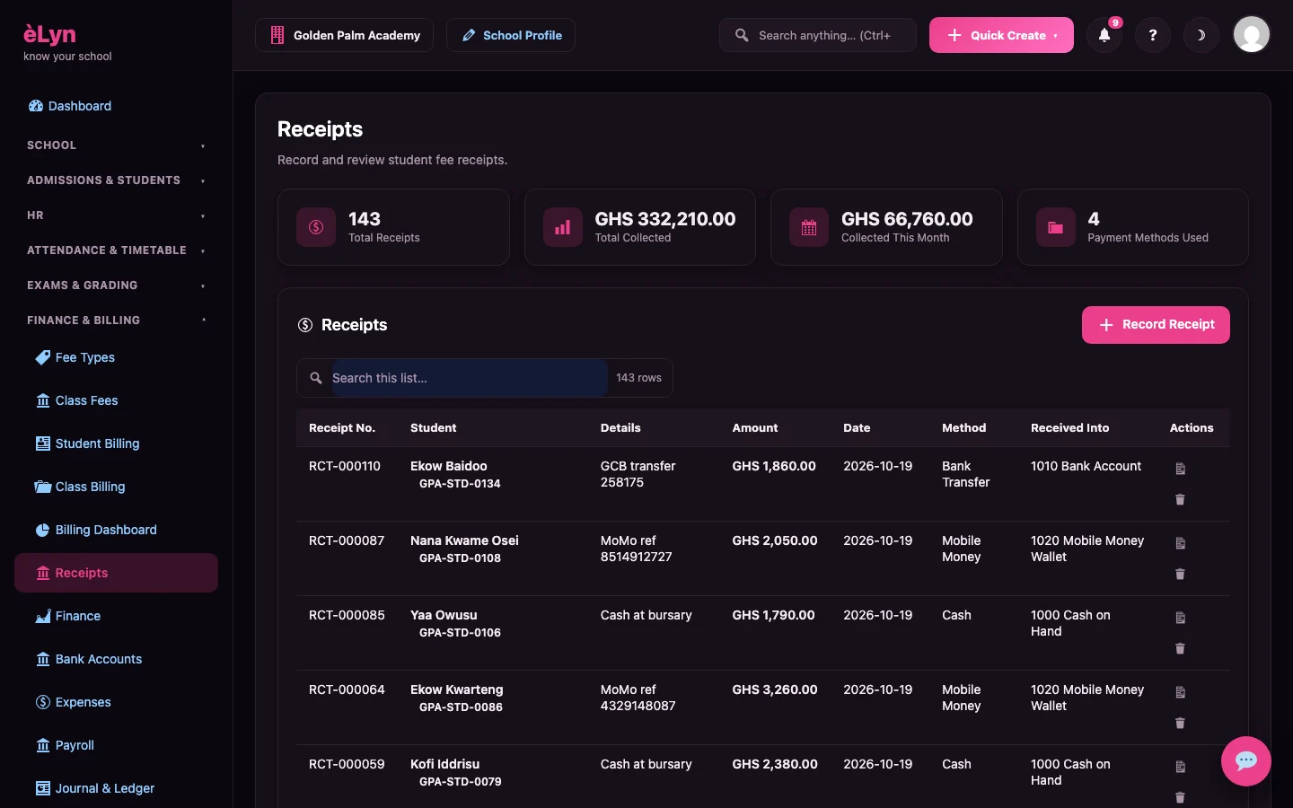 Fee receipts in èLyn, including Mobile Money and bank payments