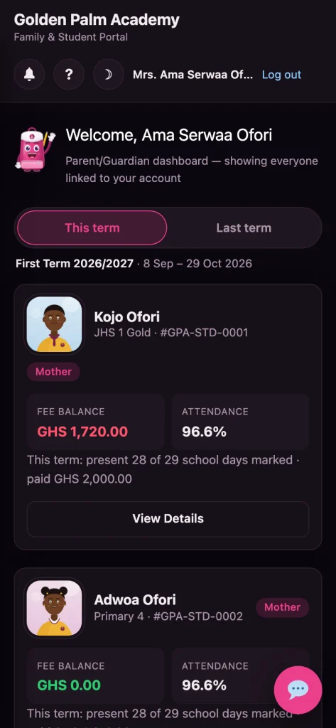 The èLyn parent portal on a phone, showing fee balances and attendance