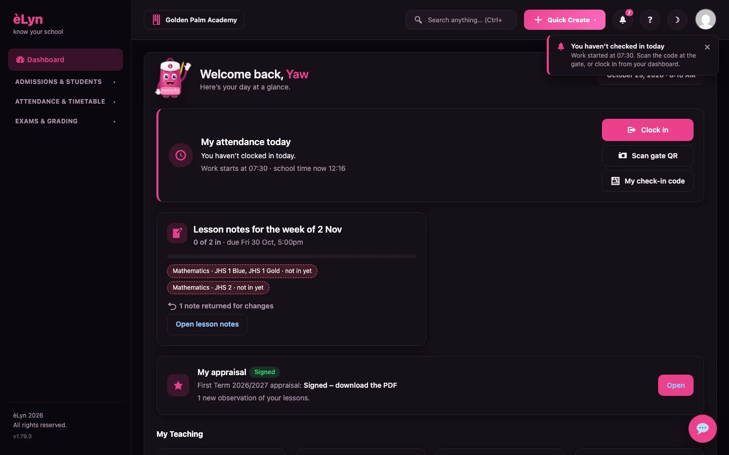 A teacher’s èLyn dashboard with lesson notes and clock-in